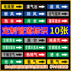 10张电线管指示贴反光聚乙烯废气送风新风回风空气搅拌空调冷却冻氩氦气纯蒸汽冷热水指示管道标识流向箭头贴