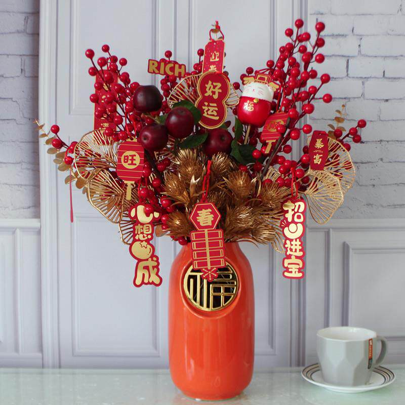 春节装饰品元旦过年陶瓷花瓶摆件发财果红果摆花福桶插花新年礼物