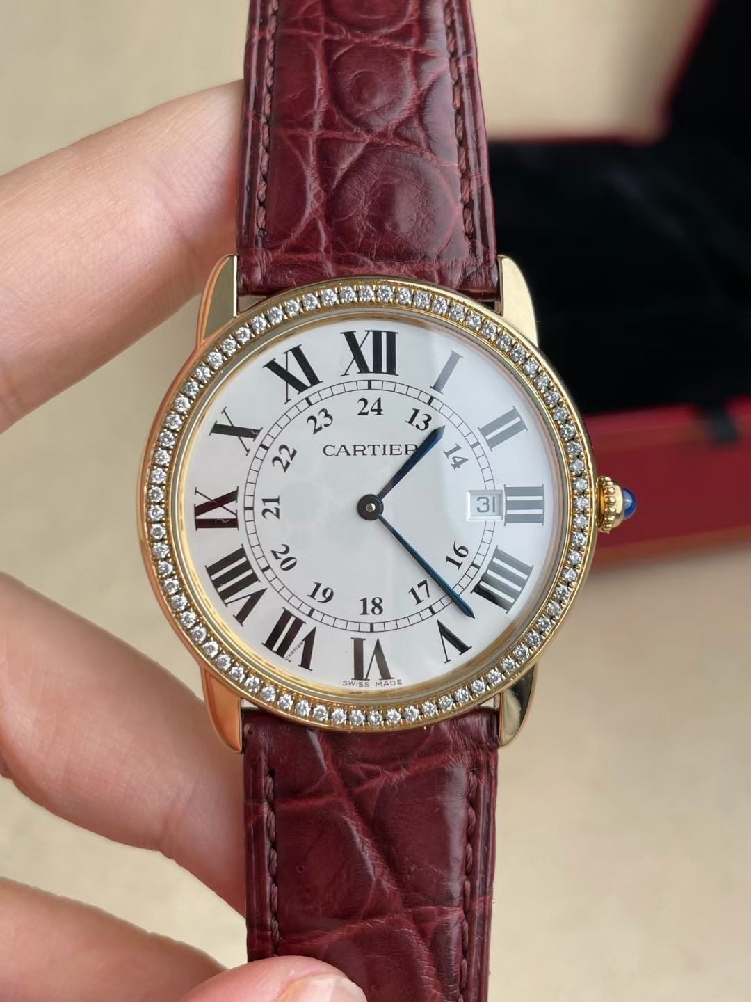 先鉴后发 98新36mm卡地亚18k玫瑰金表W6701008后镶钻石英腕表正品