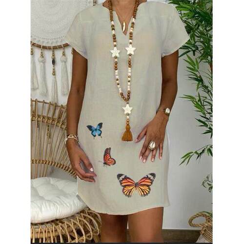 Short sleeved collar cotton linen butterfly printed dress