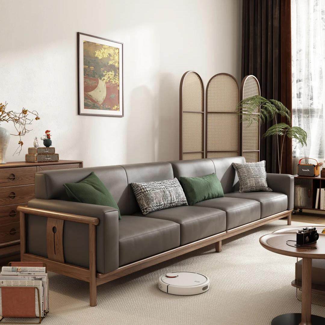 新中式北美黑胡桃木真皮沙发组合现代简约轻奢家用客厅会客沙发