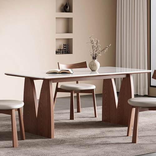 法式中古风胡桃实木岩板餐桌椅组合家用现代简约户型方形饭桌哑光