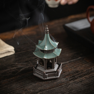 陶瓷迷你盘香炉六角亭家用室内禅意茶道茶桌檀香炉小号香薰炉底座