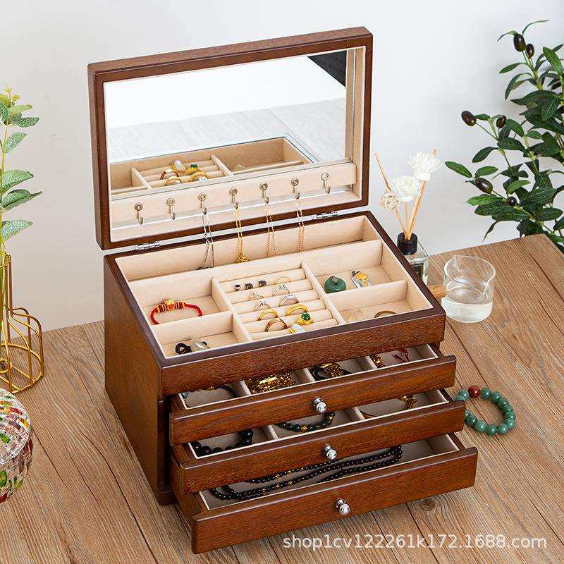 实木抽屉式带盖日式首饰盒木质复古风多层收纳箱饰品盒方形收纳盒