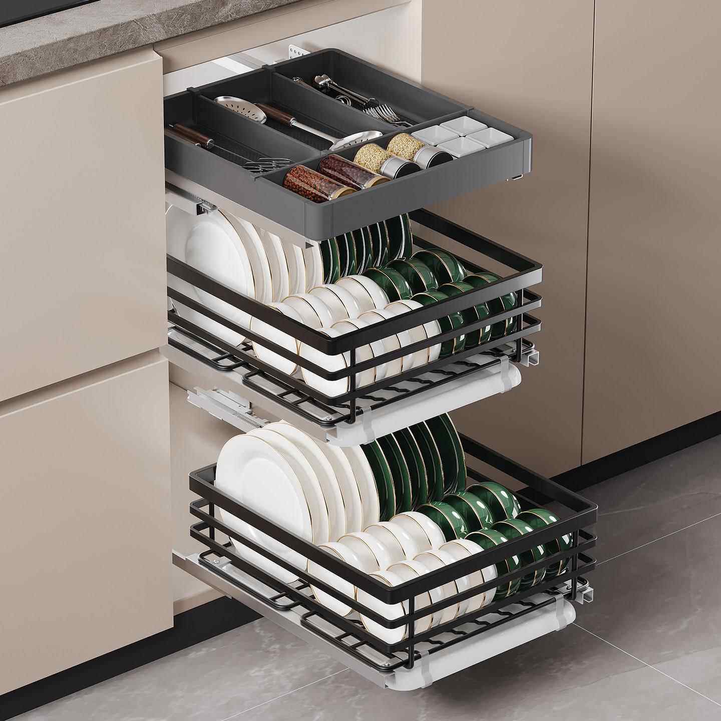 不锈钢碗碟拉篮小尺寸三层厨房整体橱柜果蔬拉篮加深双层抽屉窄柜