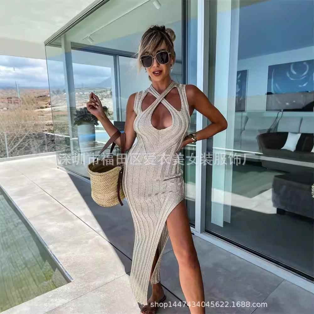 slit sexy strapless color sling fashion Womens solid dress