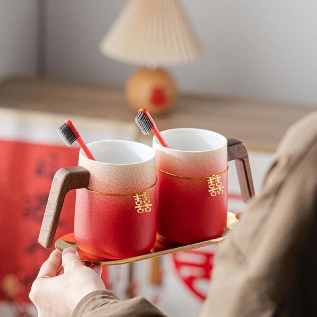 结婚漱口杯刷牙杯洗漱杯情侣一对婚庆红色新婚杯子陶瓷陪嫁用品
