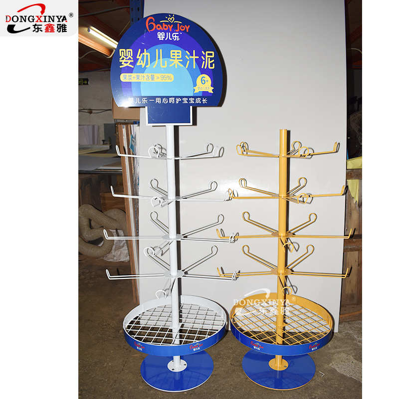 超市果泥饮料促销展架四面挂钩旋转架食品陈列架4层金属旋转架