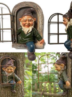 花园小矮人装饰品小矮人树脂工艺品转动窗户小矮人雕像白胡子装饰