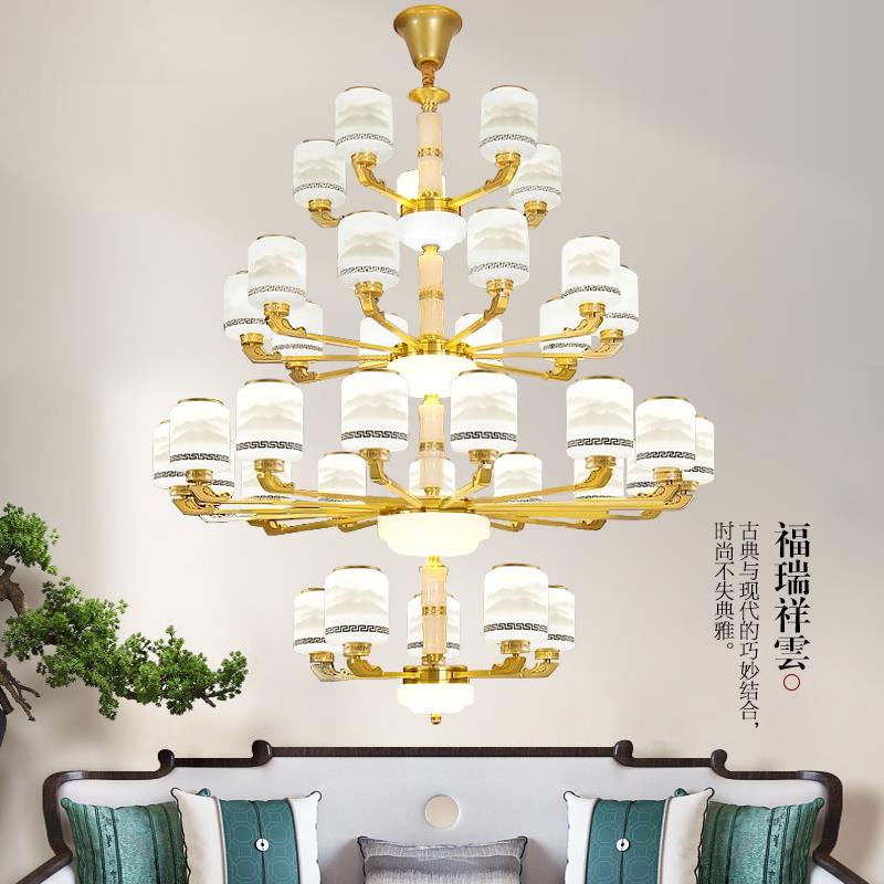 全铜复式楼大吊灯别墅大厅中空楼中楼客厅灯具真玉石新中式长吊灯