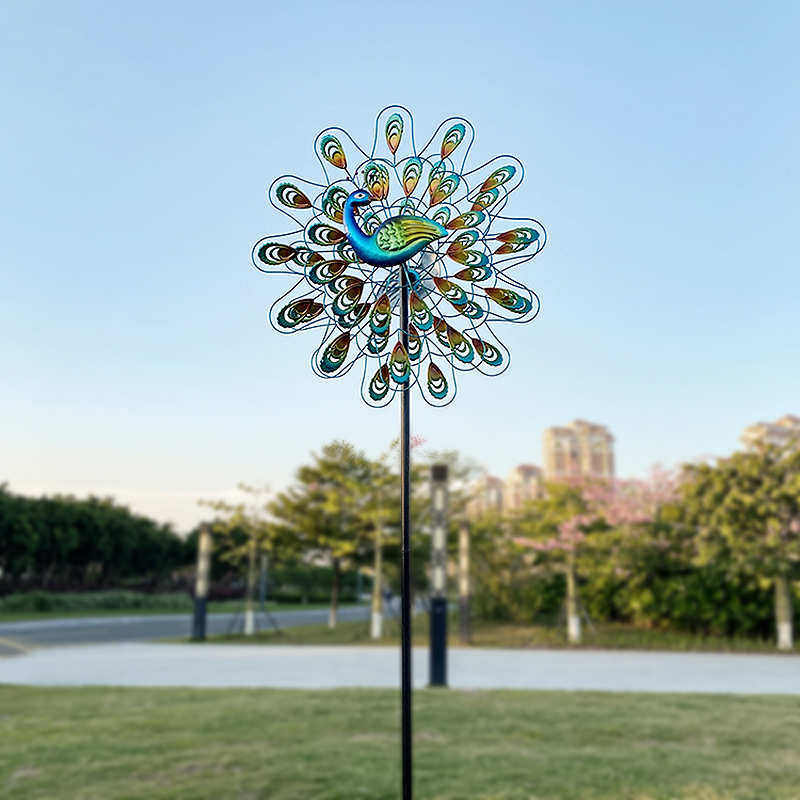 户外金属铁艺旋转风车花园庭院装饰工艺品铁艺双面孔雀造型风车