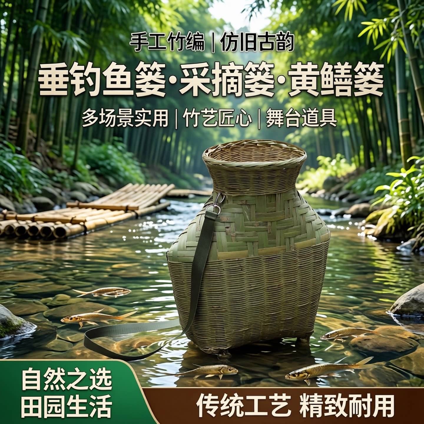 手工竹编垂钓鱼篓采摘篓黄鳝篓仿旧虾笼舞台道具竹篓竹筐新款包邮