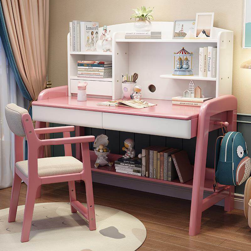 实木书桌书架一体桌带抽屉家用卧室学生课桌简约可升降儿童学习桌