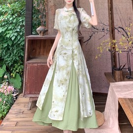 夏季大码新中式女装旗袍，复古国风印花高级感气质，显瘦两件套连衣裙