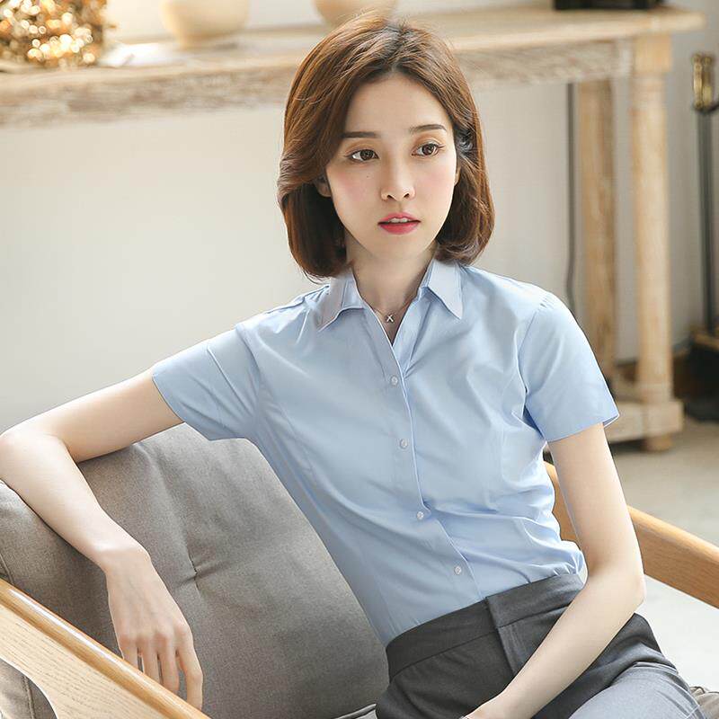 正品色衬白衫女V领短装袖职业工作服20衣23夏季薄款上气质白衬衣
