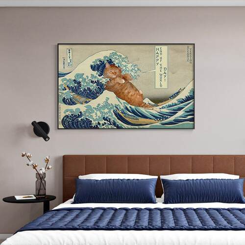 猫世绘肥葛饰北斋浮餐厅日式浪装饰画神奈川冲里20200618富士山海