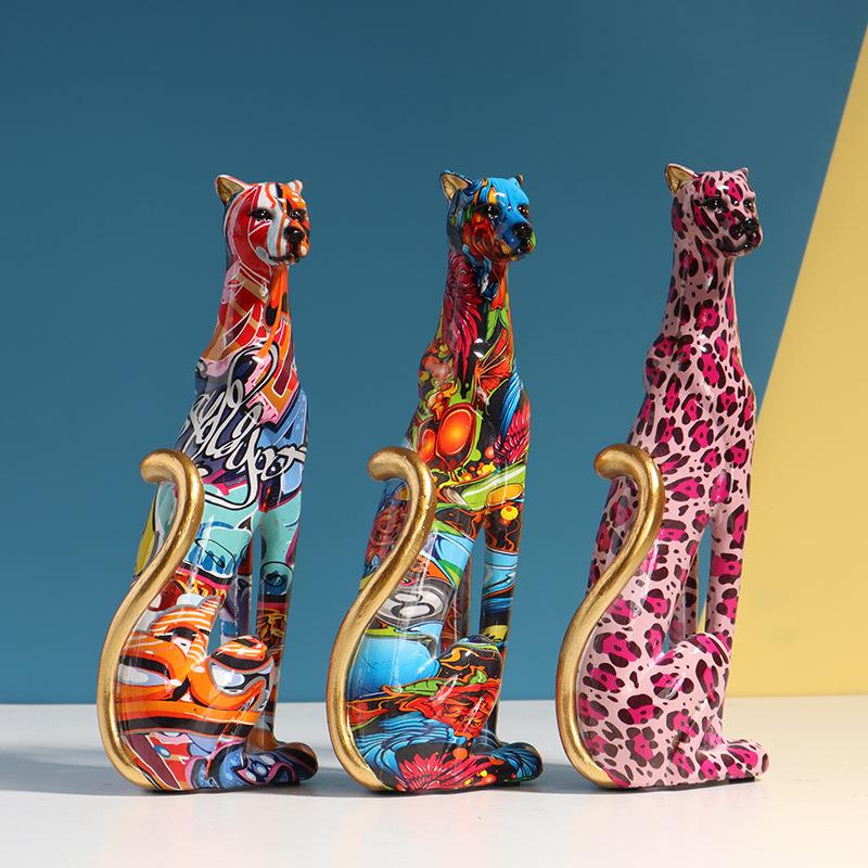 入门玄关摆件飘窗摆件装饰新款多彩水转印豹子树脂摆件家居桌面玄