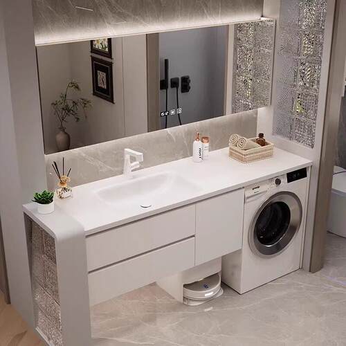 新款定制岩板热弯洗衣机洗手盆一体柜陶瓷无缝一体盆浴室柜洗漱台