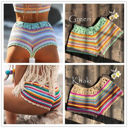 Split swimsuit with color stripes, crochet bikini shorts,