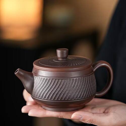 高档紫陶手工跳刀纹汉瓦壶凤鸣壶大容量功夫茶具紫砂大号茶壶