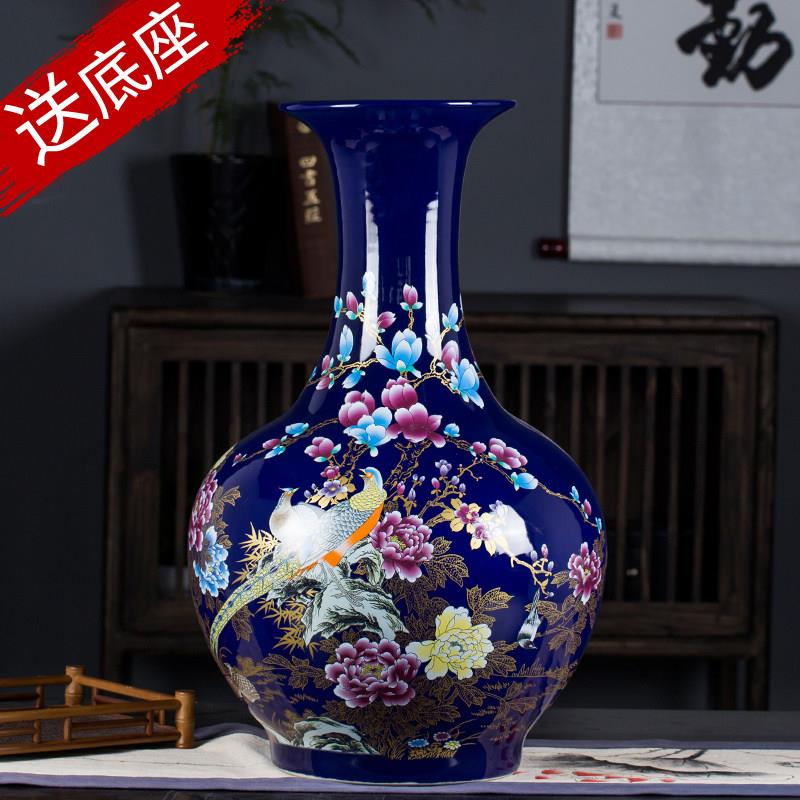 景德镇陶瓷复古新中式宝蓝锦鸡摆件客厅落地大花瓶瓷器插花大号器