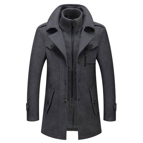Men Woolen Overcoat Double Collar Casual Trench Coat Male