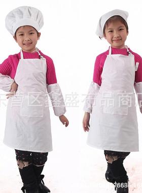 白色学生涂鸦围兜纯色儿童围裙套装挂脖无袖棉厨师服套袖帽子