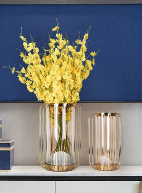 创意铁艺玻璃花瓶摆件欧式样板房家居客厅装饰插干花器工艺品花瓶