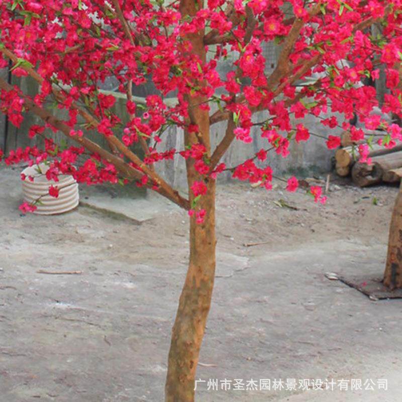 厂家直销桃花树 室内新年真木杆绢布假桃花树装饰 仿真红色桃花树