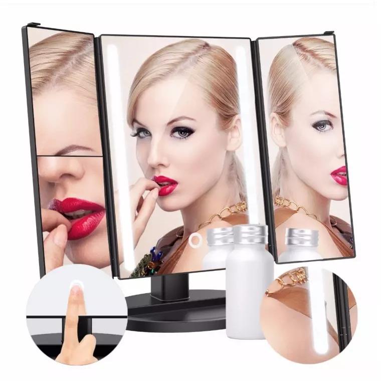 三面折叠化妆镜带便携折叠梳妆灯台L可VL调光补妆光镜子ED化镜