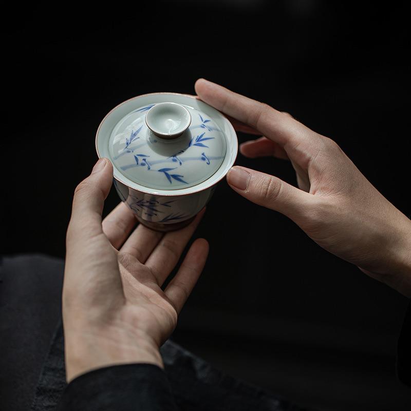 墨己 古青仿古手绘茶碗 手绘青花竹子陶瓷盖碗 家用高足泡茶盖碗