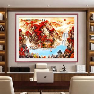 办公室字画鸿运当头挂画老板办公桌背景后面装饰画正方形山水壁画