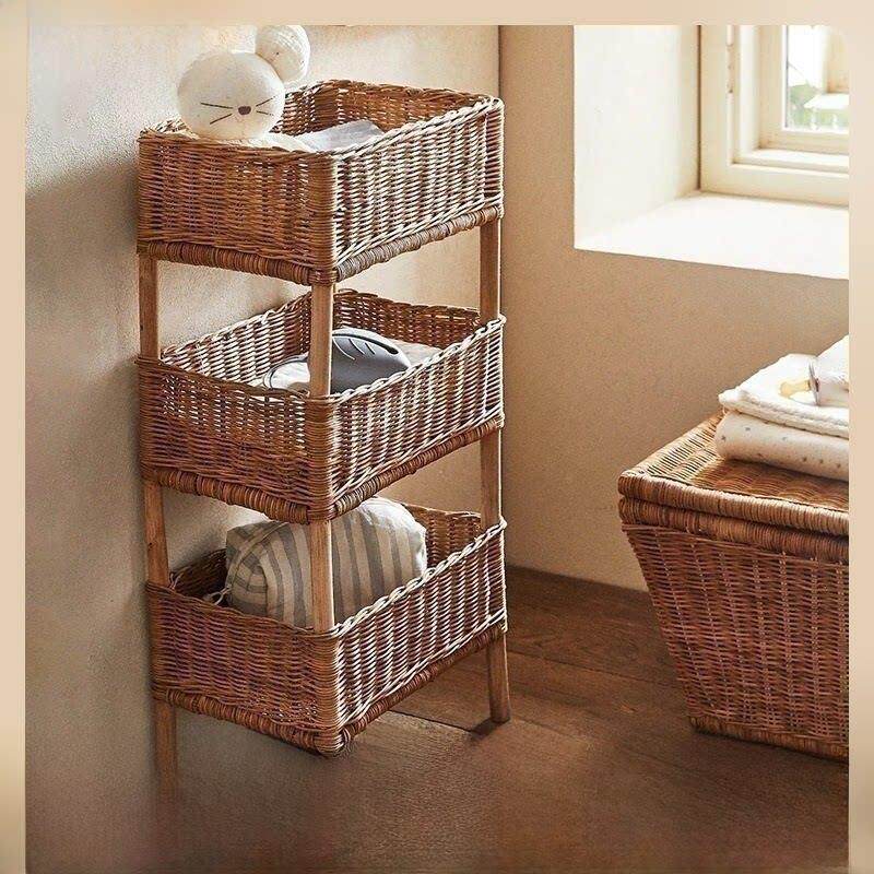 乡村风格落地式藤储物架B&B装饰杂项储物架手工编织实木多层储物