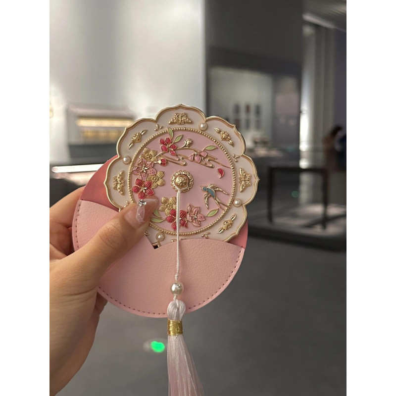 厂家故宫桃花镜文创花囊小镜子女随身镜手柄化妆镜御花园雍正花