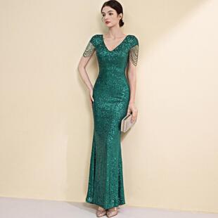 晚礼服女高级感气质宴会年会主持人高端亮片鱼尾裙秋冬季端庄大气