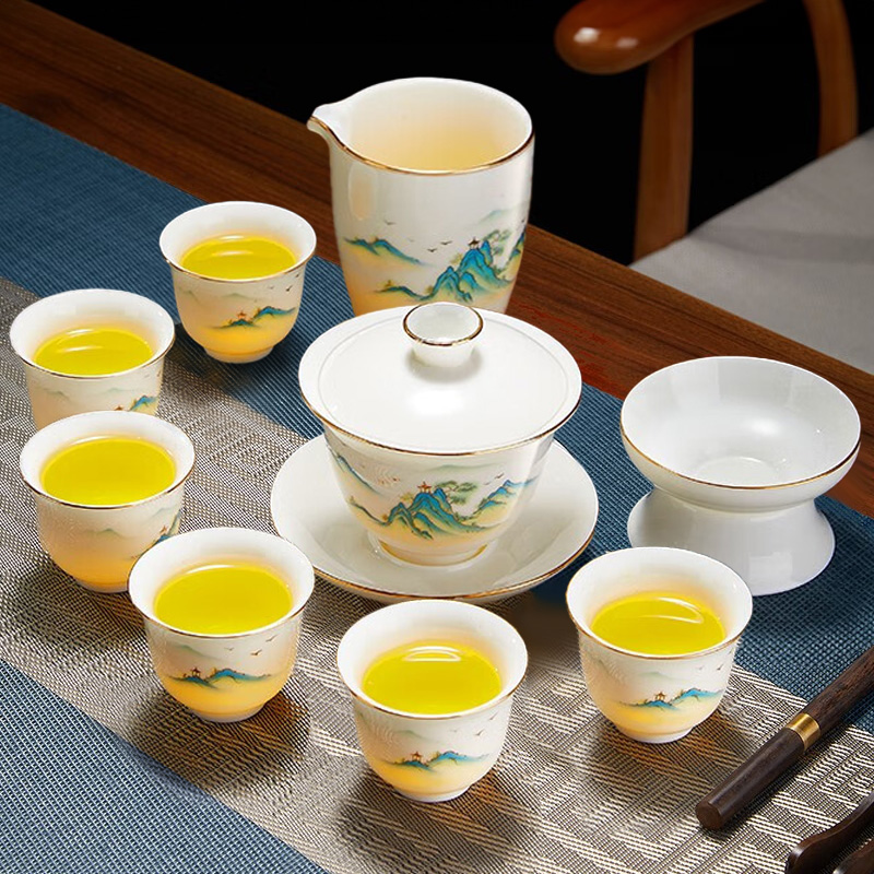 茶具套装2024新款家用高档羊脂玉全套中式盖碗泡茶杯专用功夫茶具
