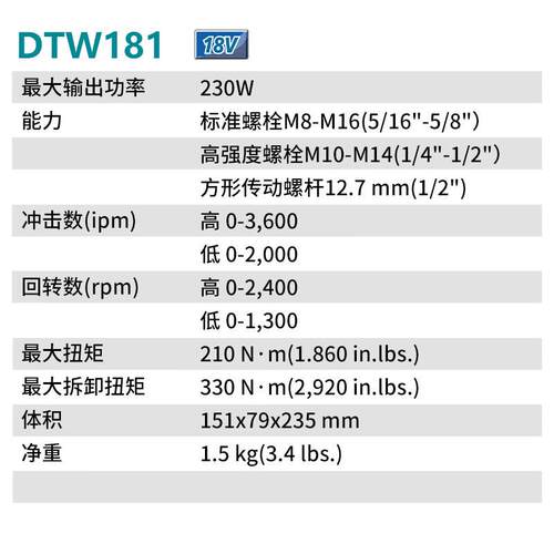 牧田T（MAIA）DTW181无刷充电式电动扳NOH手冲击起风子机炮K18V6.
