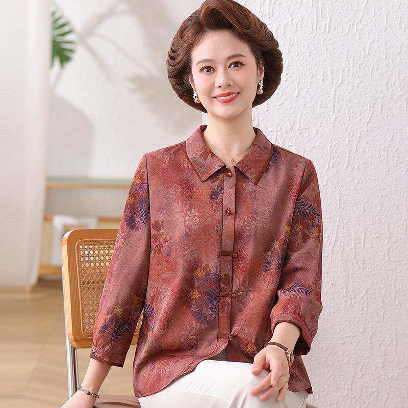 国风中老年衬衫女翻领夏装桑蚕丝100%套装大尺码妈妈真丝开衫上衣