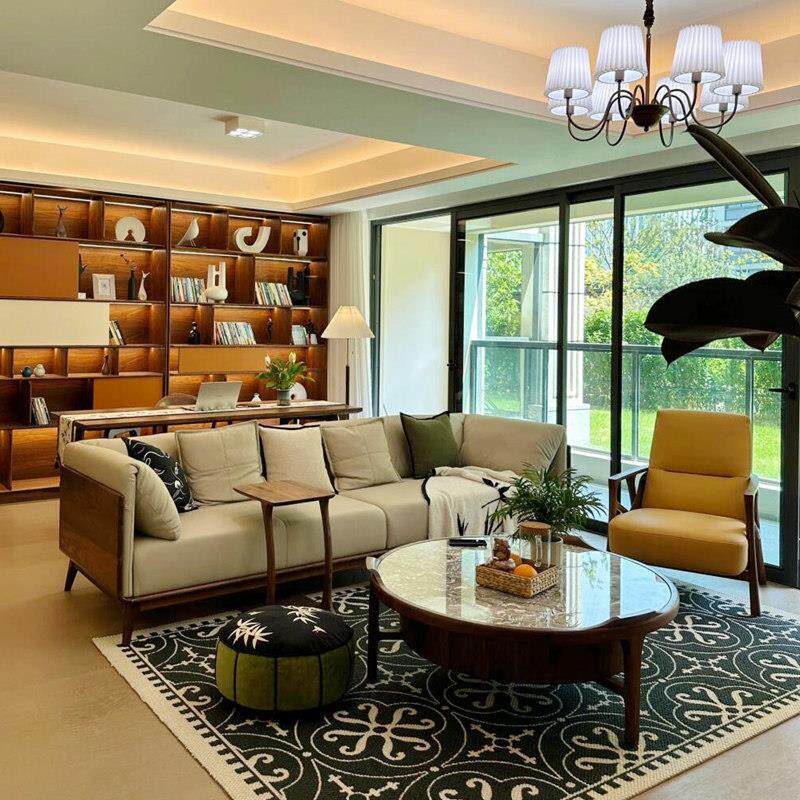 新中式北美黑胡桃木真皮沙发意式轻奢宋式美学高端四人座实木家俱