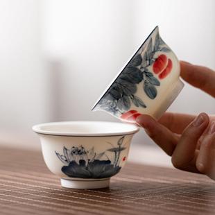 羊脂玉手绘荷花主人杯釉下彩茶杯陶瓷茶具大容量个人压手杯