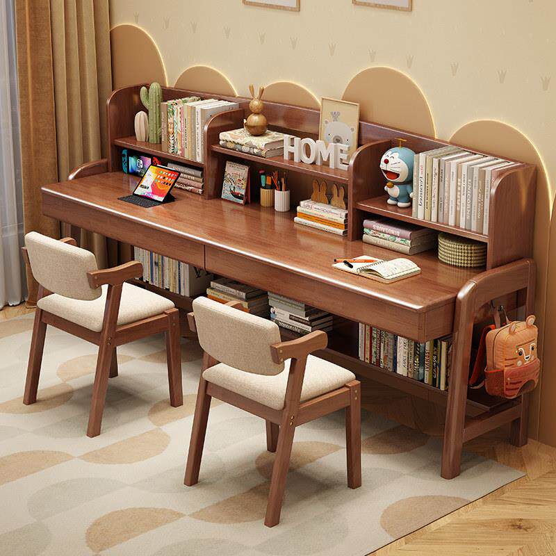 实木双人学生学习桌书架一体可升降儿童书桌家用简约多人书桌