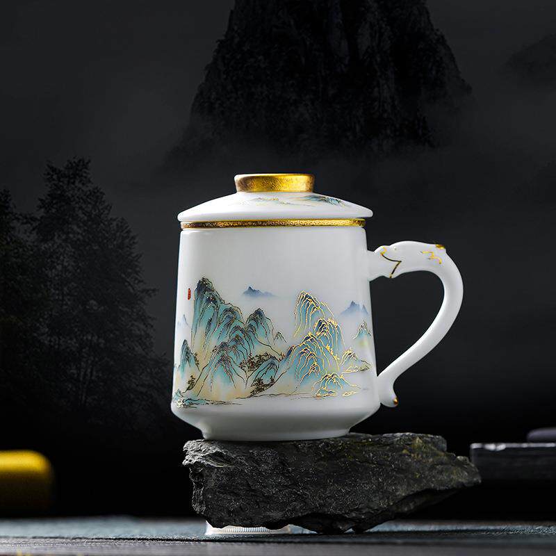 办公杯茶水分离杯陶瓷泡茶杯素烧冰种玉瓷水杯带盖大容量马克
