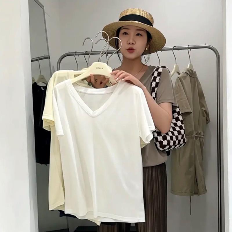 宽松V领纯棉短袖t恤女夏