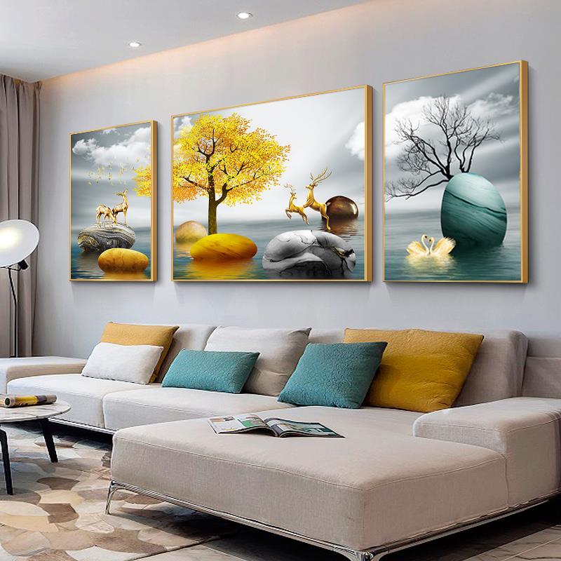 轻奢祥鹿客厅装饰画北欧现代简约沙发背景墙挂画高档大气三联壁画图片