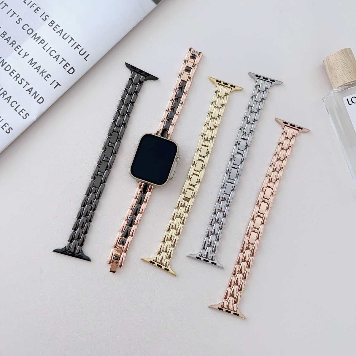 适用苹果apple watch7代三珠H链瘦身款金属钢带iWatch6543SE表带