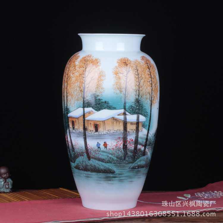 陶瓷花瓶批发供应 名家手绘雪景图大花瓶 现代买家收藏作品摆件