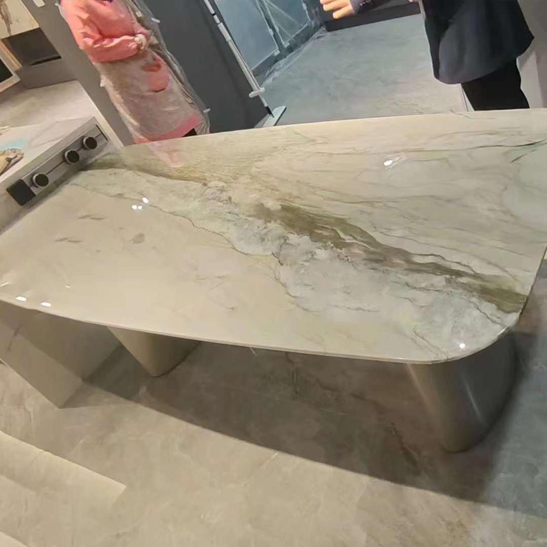 轻奢大理石餐桌台面鱼肚绿色奢石茶几客厅电视墙大理石