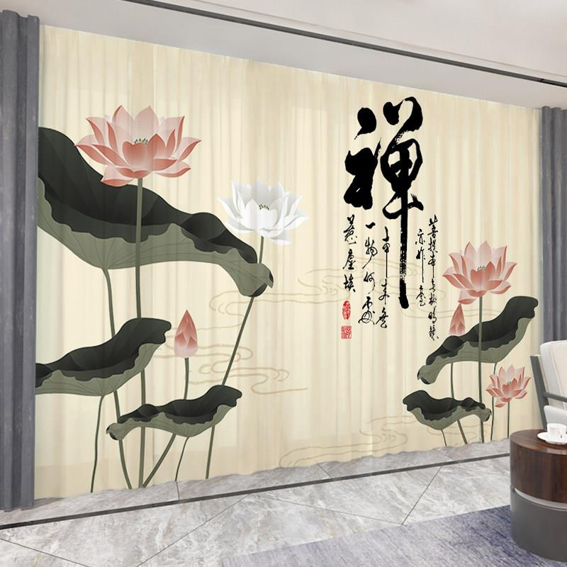 中国风窗帘布遮光禅宗中国风茶室水墨山水画荷花纱帘不透光隔断