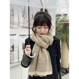 新款 多功能男士 日式 对比色人字形图案韩式 学 彷羊绒女士围巾 冬季