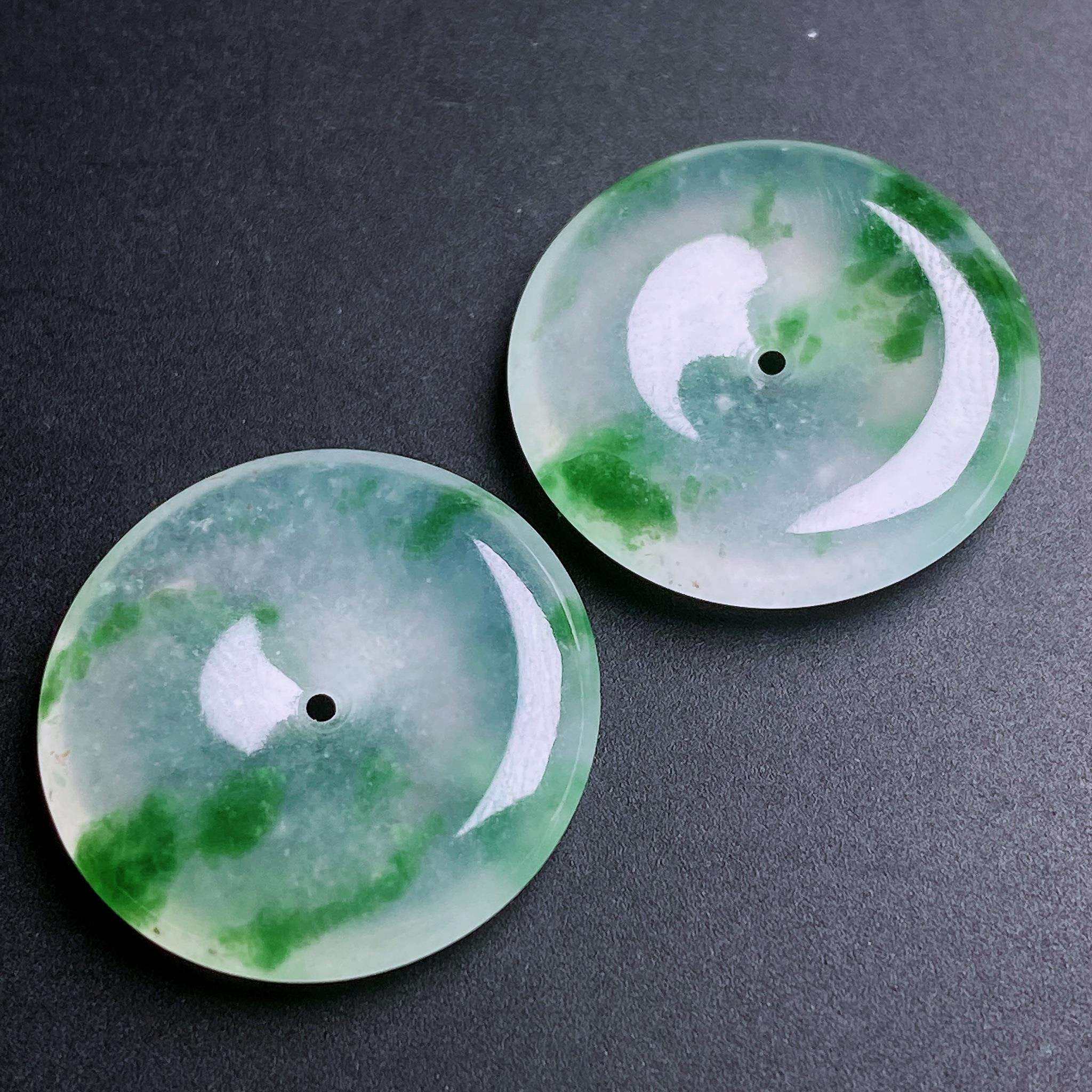 缅甸天然翡翠a货冰飘花平安扣一对镶嵌耳坠fxj尺寸：18.8-3.8mm
